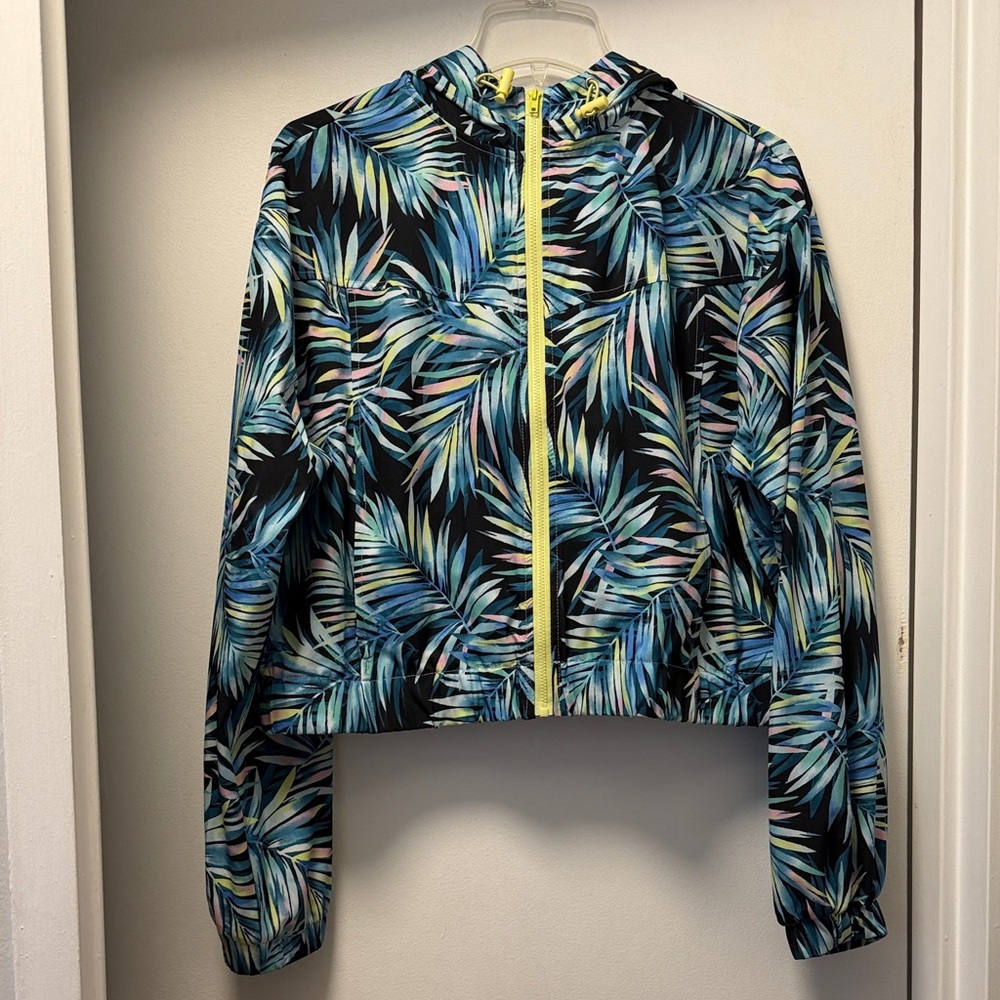 Tropical Palm Print Cropped Windbreaker Jacket Forever 21 Size Large Blue Yellow